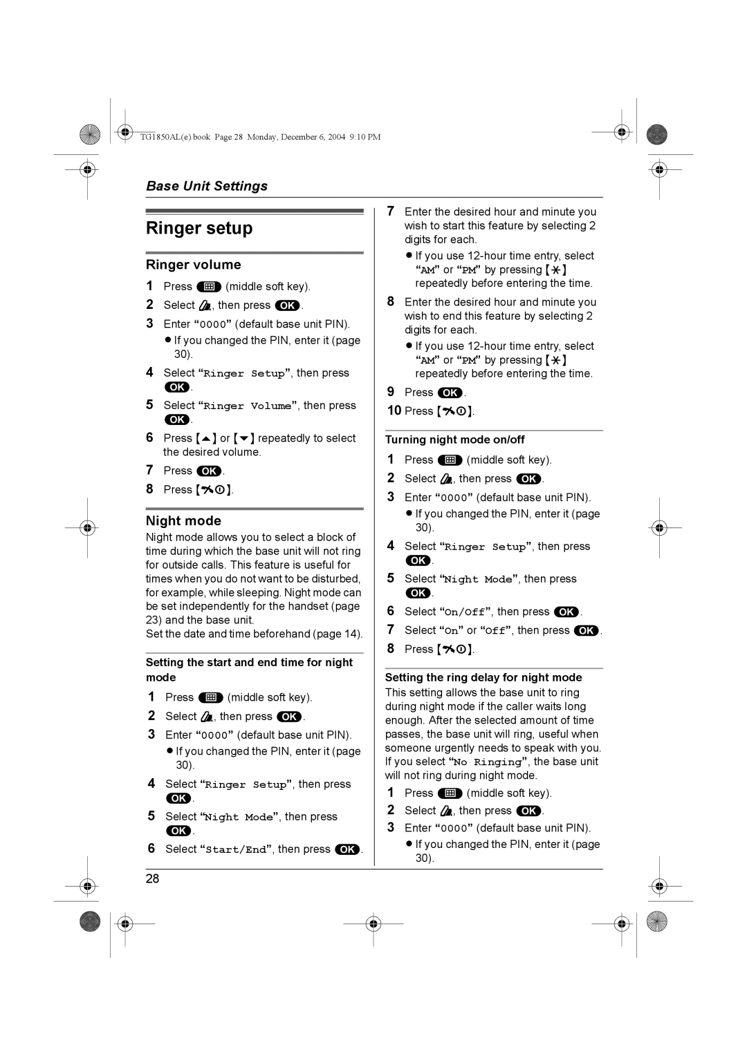 Panasonic KX-TG1850ALT operating instructions Ringer setup, Night mode 