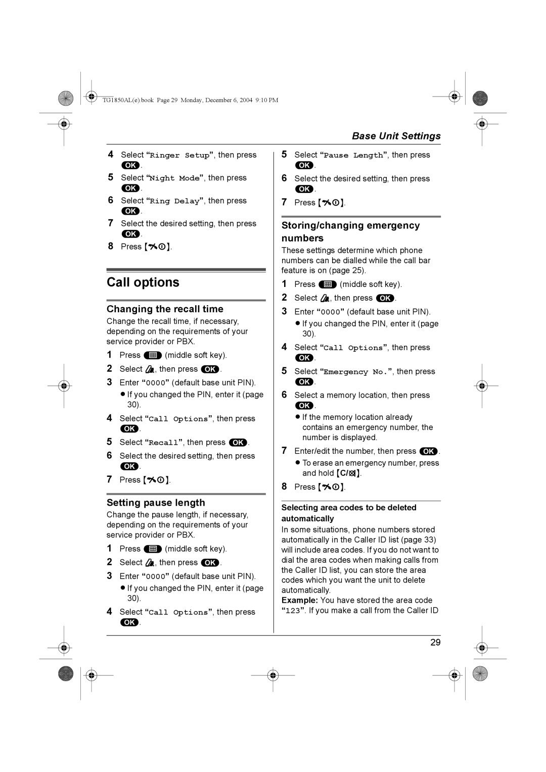 Panasonic KX-TG1850ALT Changing the recall time, Setting pause length, Storing/changing emergency numbers 