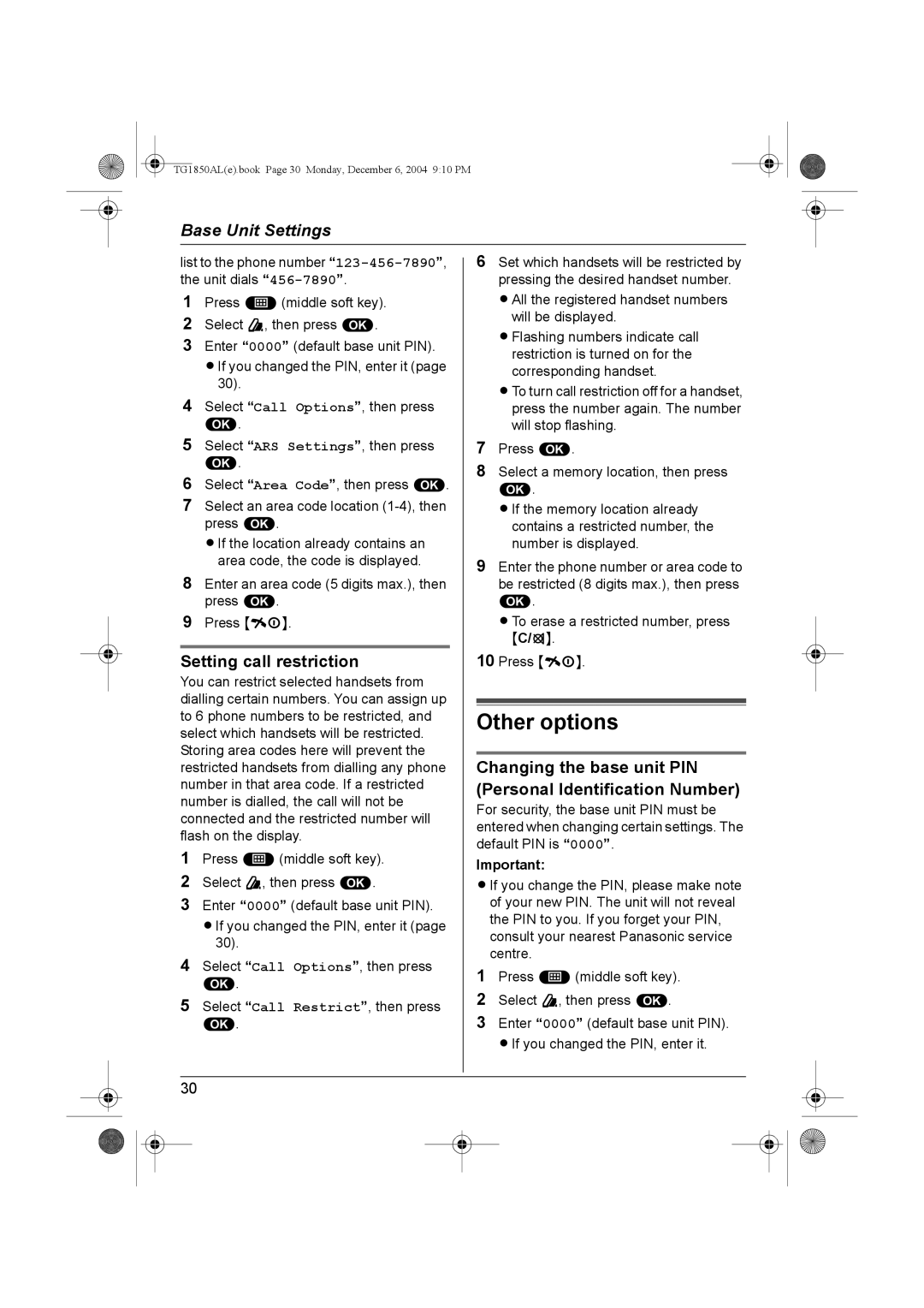 Panasonic KX-TG1850ALT operating instructions Setting call restriction 