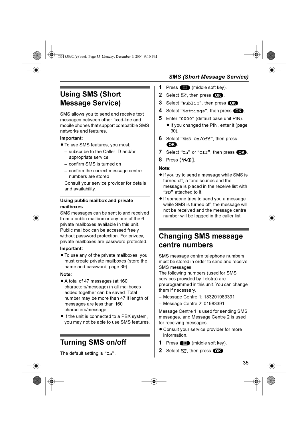 Panasonic KX-TG1850ALT Using SMS Short, Message Service, Changing SMS message, Centre numbers, Turning SMS on/off 