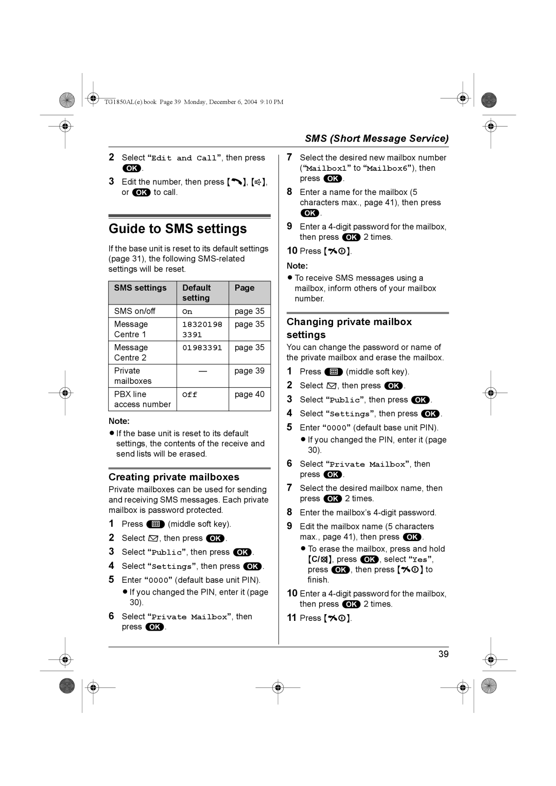 Panasonic KX-TG1850ALT Guide to SMS settings, Creating private mailboxes, Changing private mailbox settings 