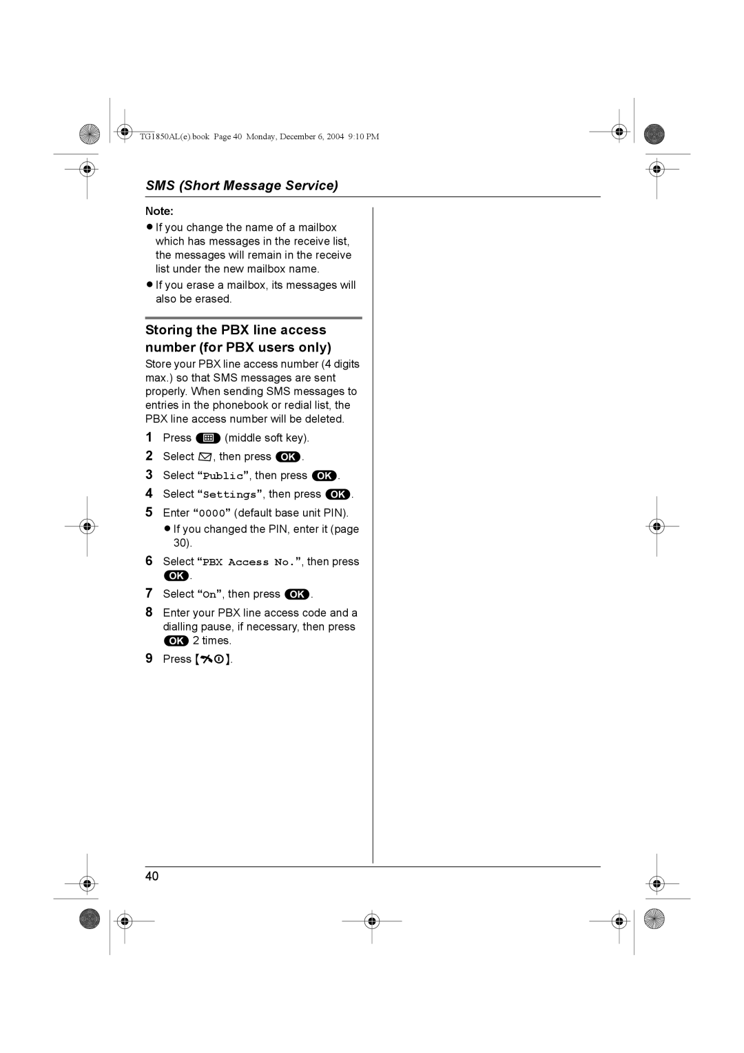 Panasonic KX-TG1850ALT operating instructions Storing the PBX line access number for PBX users only 