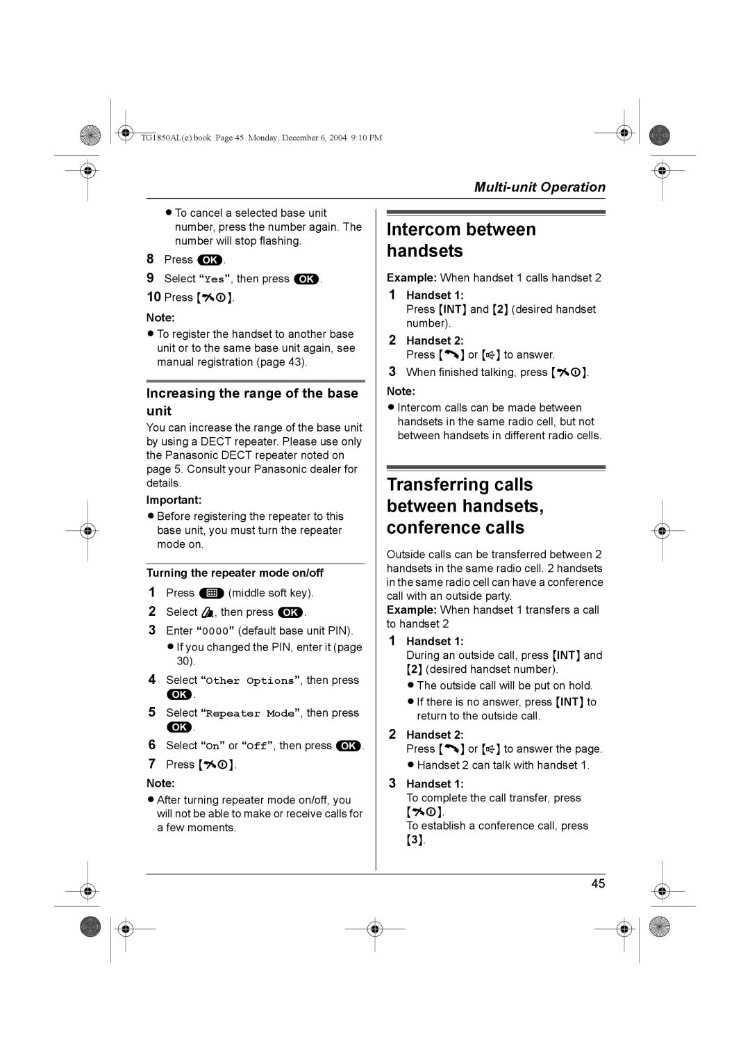 Panasonic KX-TG1850ALT Increasing the range of the base unit, Turning the repeater mode on/off, Handset 