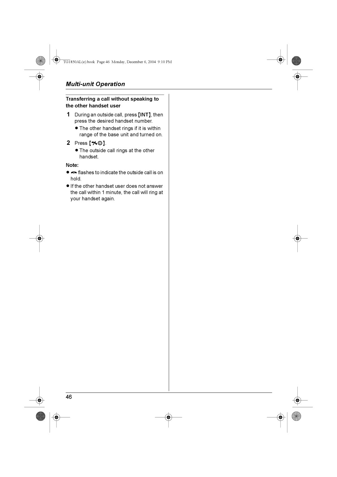 Panasonic KX-TG1850ALT operating instructions TG1850ALe.book Page 46 Monday, December 6, 2004 910 PM 