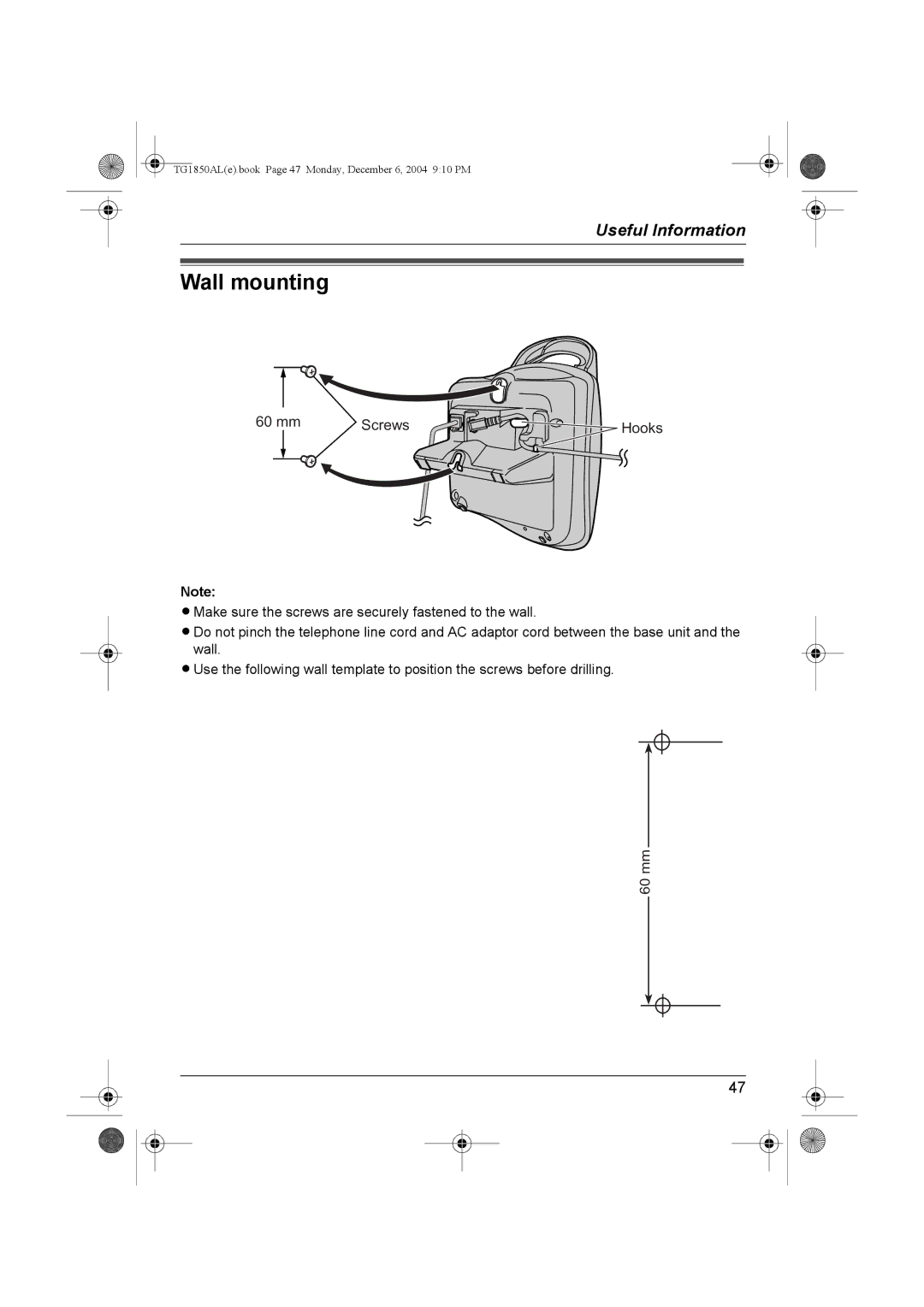 Panasonic KX-TG1850ALT operating instructions Wall mounting, mm Screws 