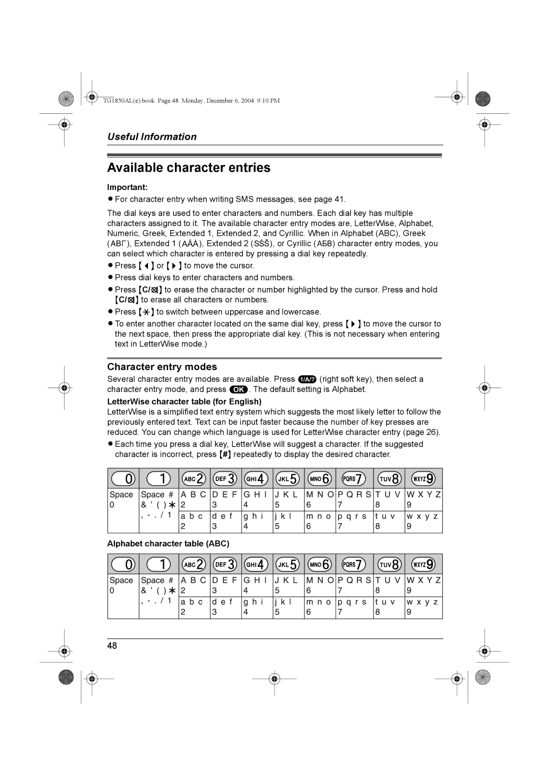 Panasonic KX-TG1850ALT operating instructions Available character entries, Alphabet character table ABC 