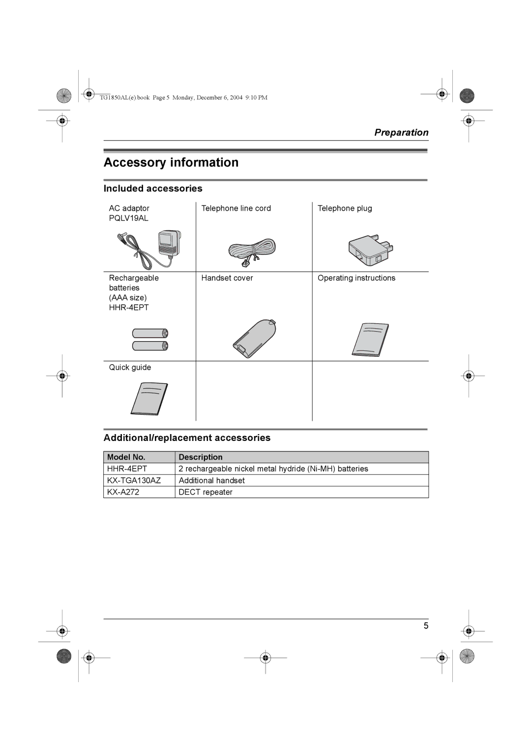 Panasonic KX-TG1850ALT Accessory information, Included accessories, Additional/replacement accessories 