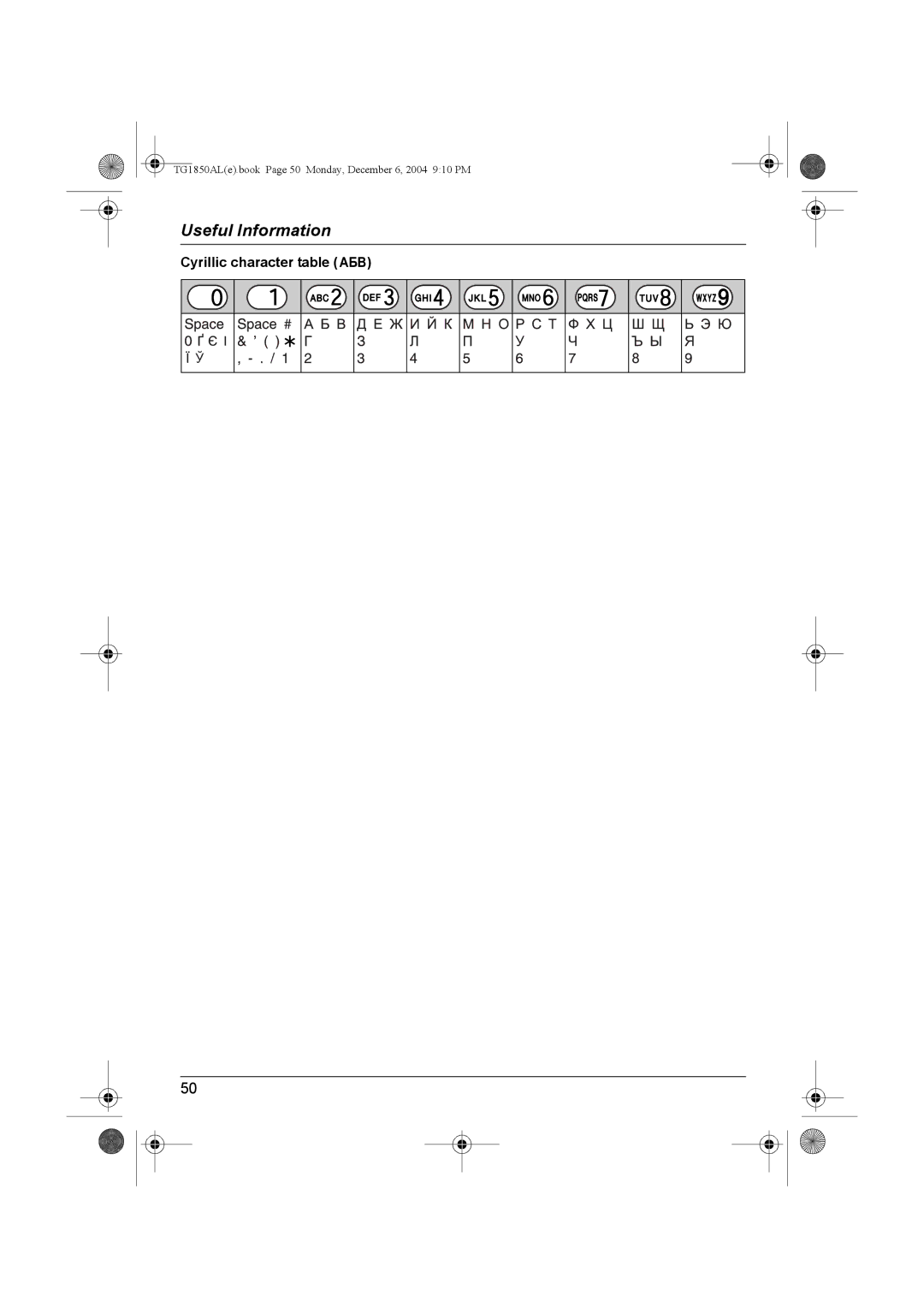 Panasonic KX-TG1850ALT operating instructions Cyrillic character table P 