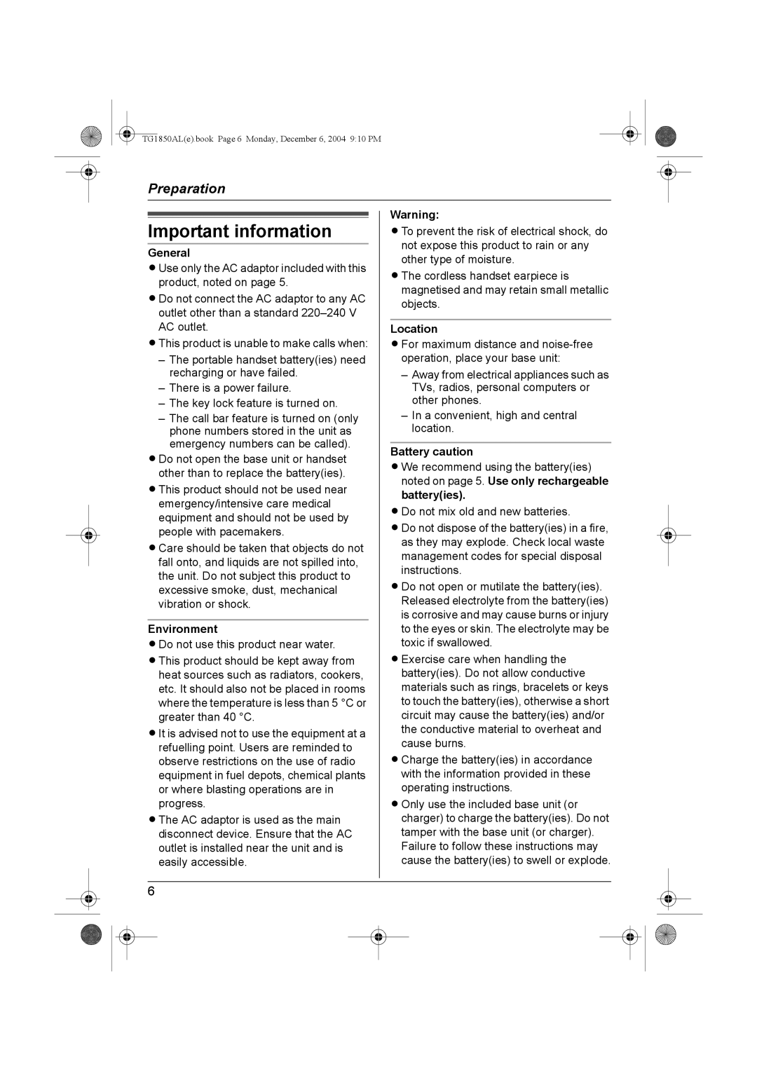 Panasonic KX-TG1850ALT operating instructions Important information, General, Environment, Location, Battery caution 