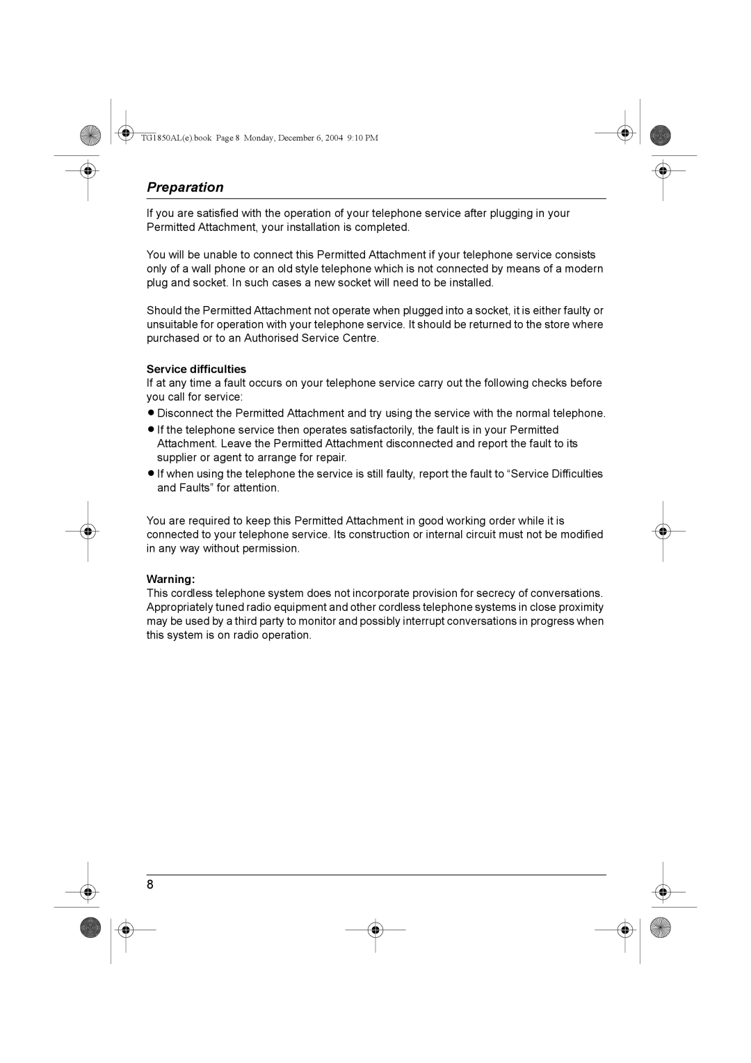 Panasonic KX-TG1850ALT operating instructions Service difficulties 