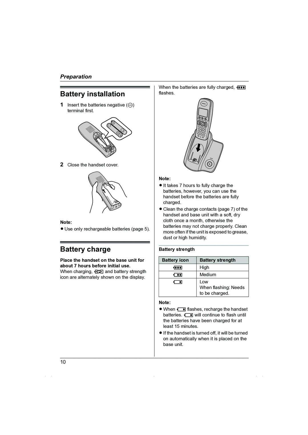 Panasonic KX-TG1850NZ operating instructions Battery installation, Battery charge, Battery strength Battery icon 