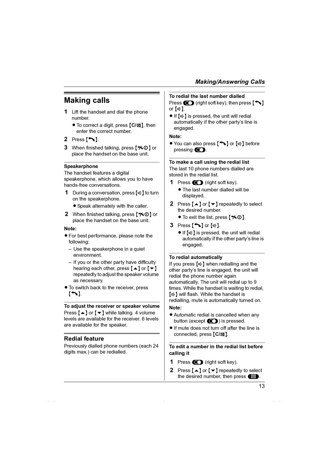 Panasonic KX-TG1850NZ operating instructions Making calls, Redial feature 