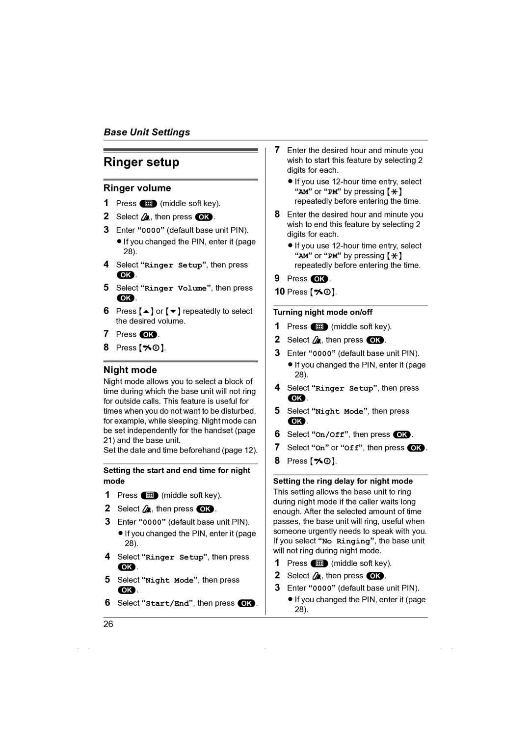 Panasonic KX-TG1850NZ operating instructions Ringer setup, Night mode 