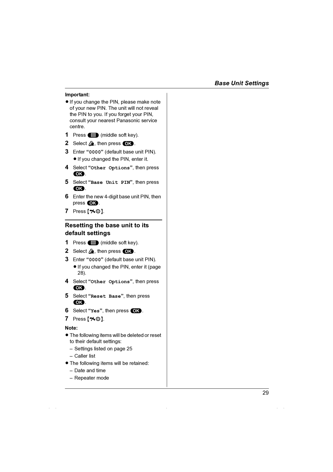 Panasonic KX-TG1850NZ operating instructions Resetting the base unit to its default settings 