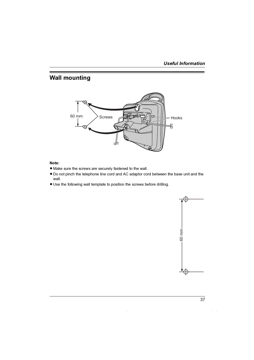 Panasonic KX-TG1850NZ operating instructions Wall mounting, mm Screws 