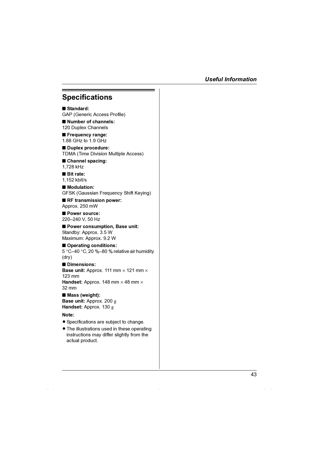 Panasonic KX-TG1850NZ operating instructions Specifications 