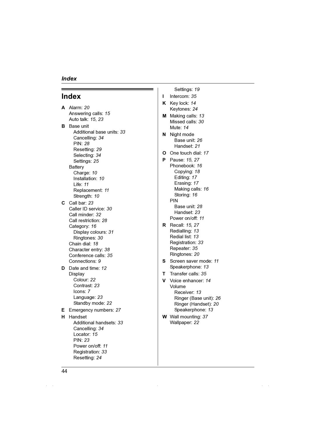 Panasonic KX-TG1850NZ operating instructions Index, Pin 