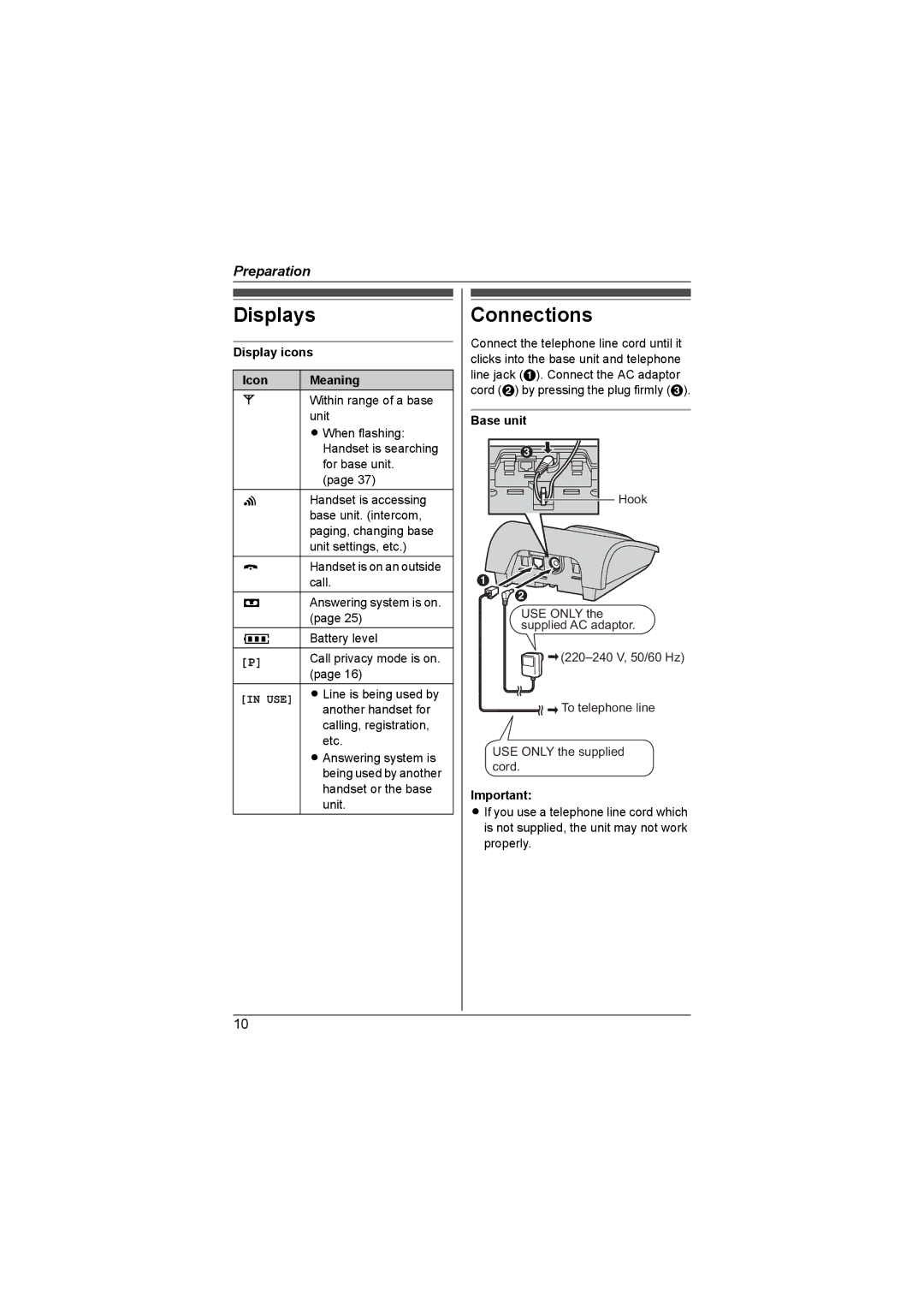 Panasonic KX-TG1855AL, KX-TG1857AL operating instructions Displays, Connections, Display icons Icon Meaning 