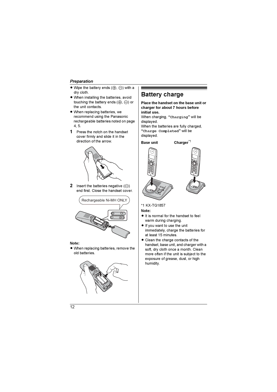 Panasonic KX-TG1855AL, KX-TG1857AL operating instructions Battery charge 