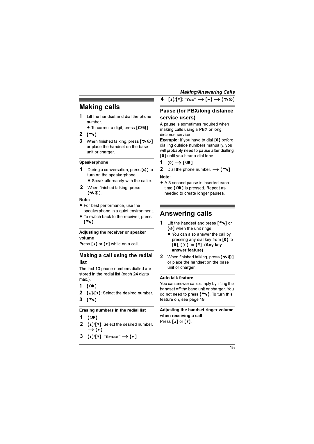 Panasonic KX-TG1855AL, KX-TG1857AL operating instructions Making calls, Answering calls, Making a call using the redial list 