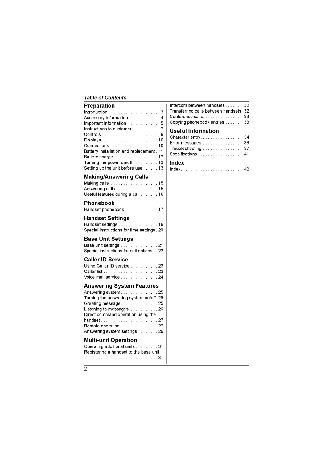 Panasonic KX-TG1857AL Preparation, Making/Answering Calls, Phonebook, Handset Settings, Base Unit Settings, Index 