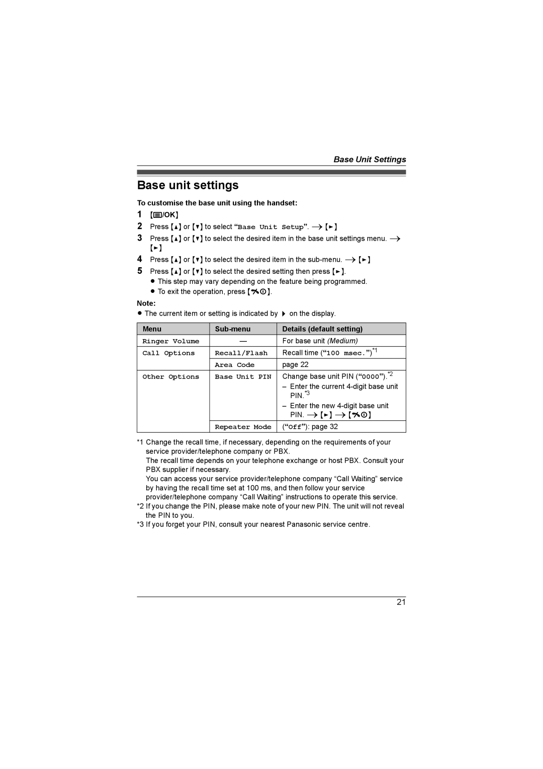 Panasonic KX-TG1855AL Base unit settings, To customise the base unit using the handset, Call Options Recall/Flash 