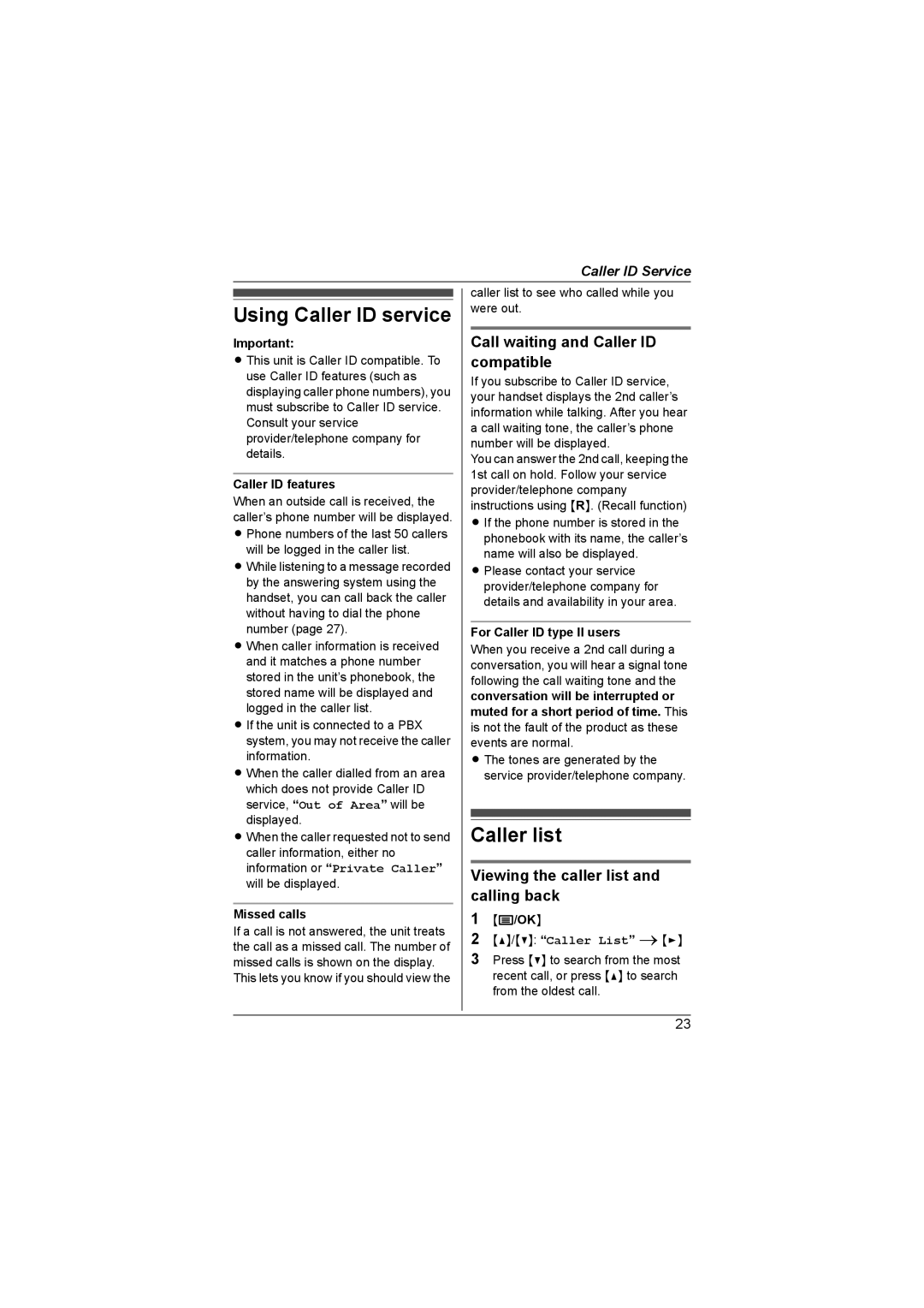 Panasonic KX-TG1857AL, KX-TG1855AL Using Caller ID service, Caller list, Call waiting and Caller ID compatible 