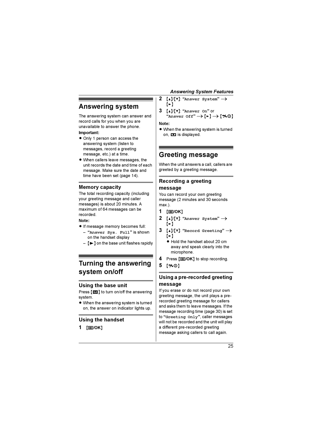 Panasonic KX-TG1855AL, KX-TG1857AL Answering system, Turning the answering system on/off, Greeting message 