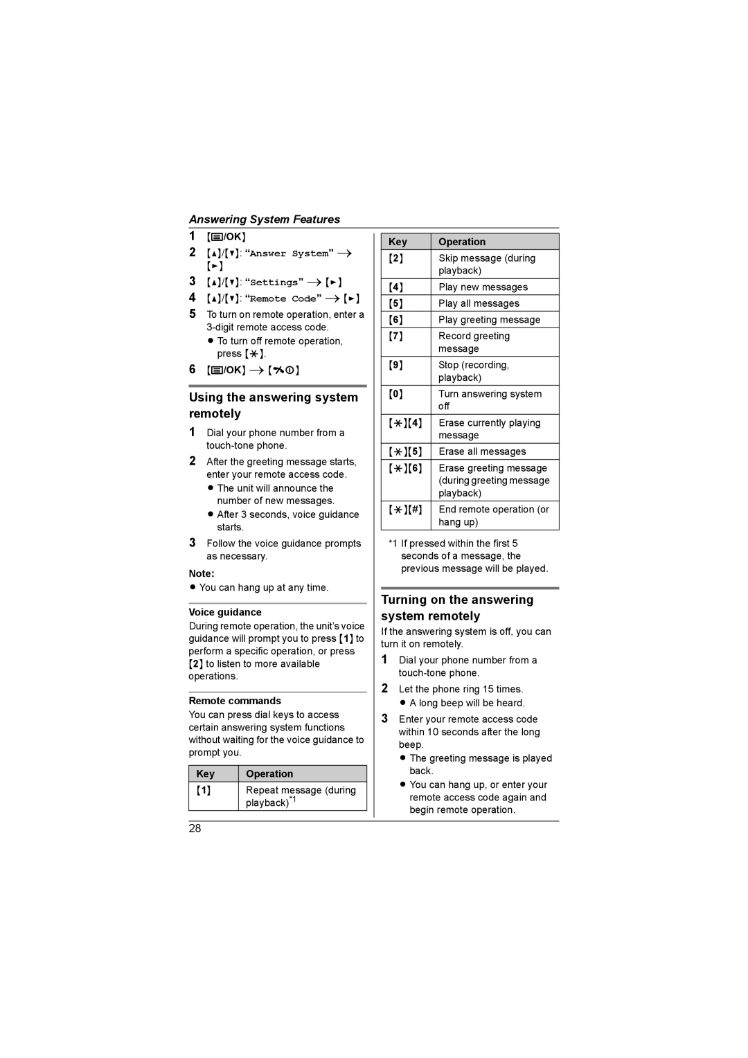 Panasonic KX-TG1855 Using the answering system remotely, Turning on the answering system remotely, Voice guidance 