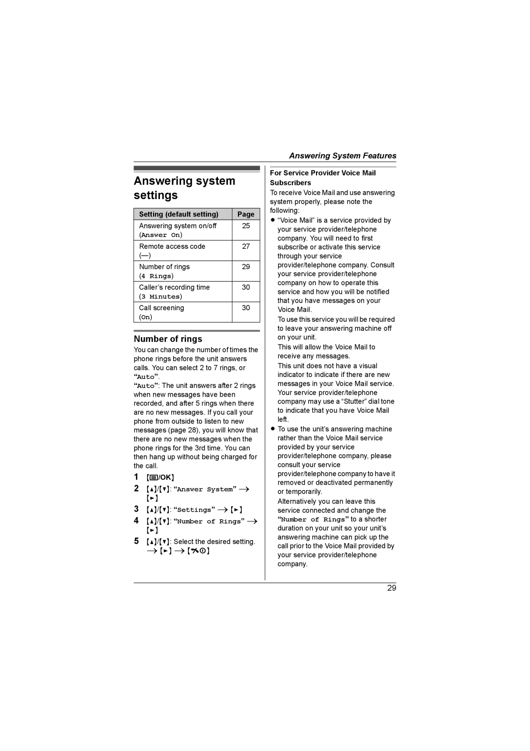 Panasonic KX-TG1857AL, KX-TG1855AL operating instructions Answering system settings, Number of rings 