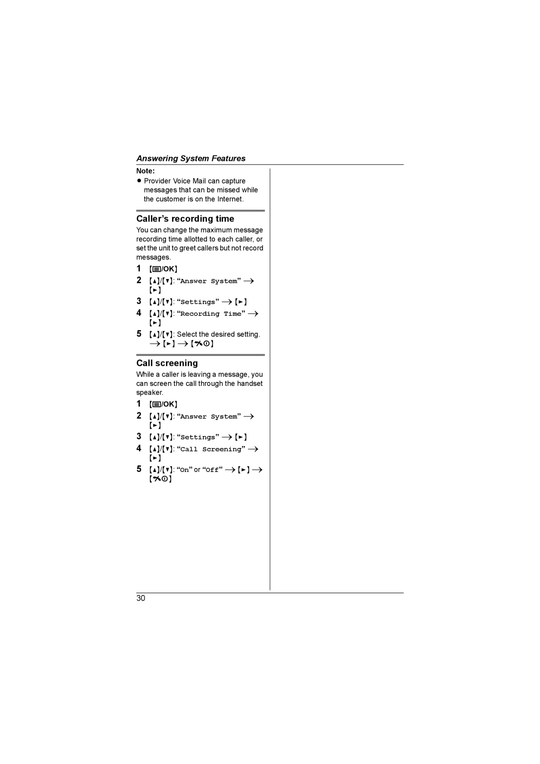 Panasonic KX-TG1855AL, KX-TG1857AL Caller’s recording time, Call screening, Recording Time, Call Screening 