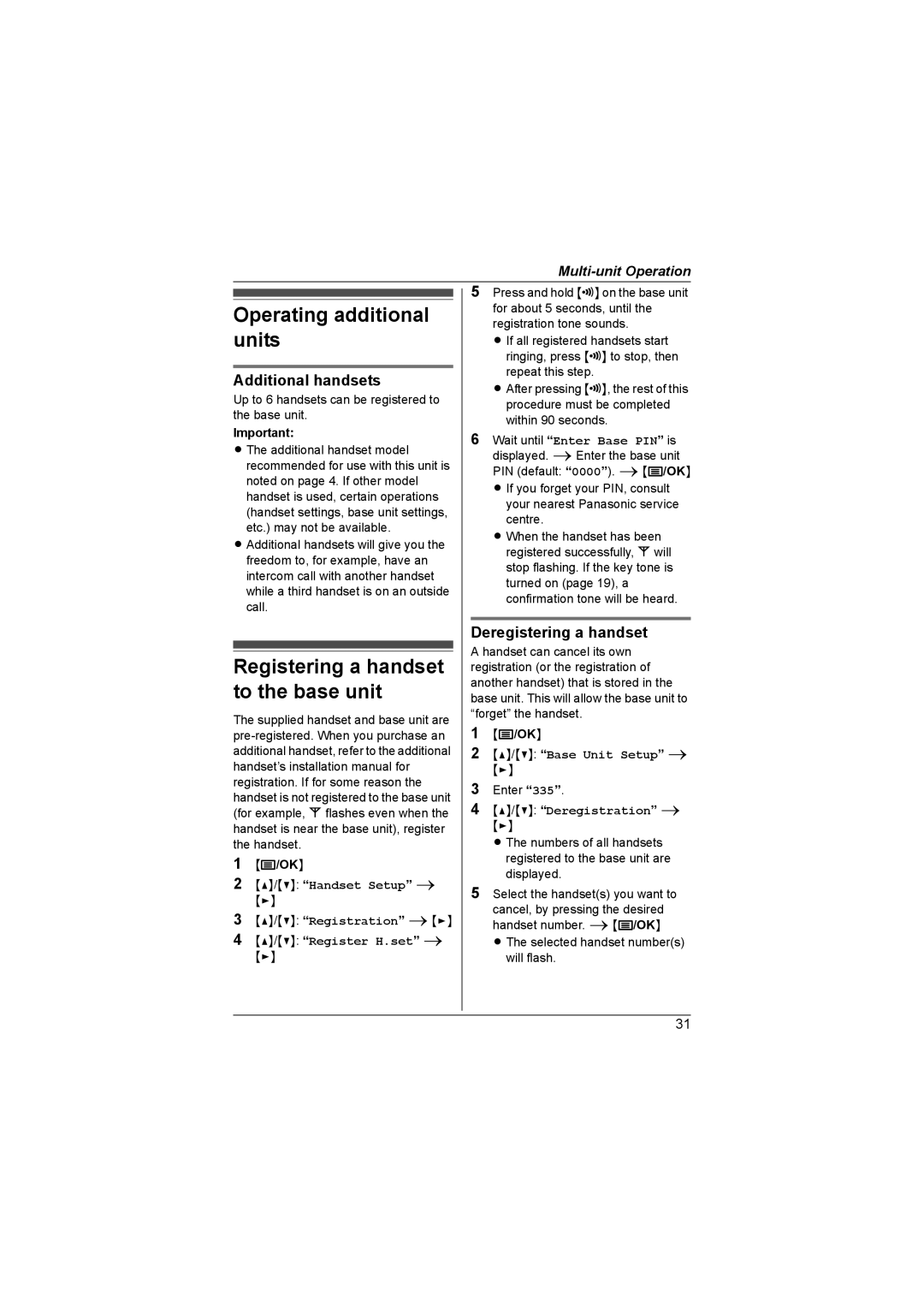 Panasonic KX-TG1855AL Operating additional units, Registering a handset to the base unit, Additional handsets 