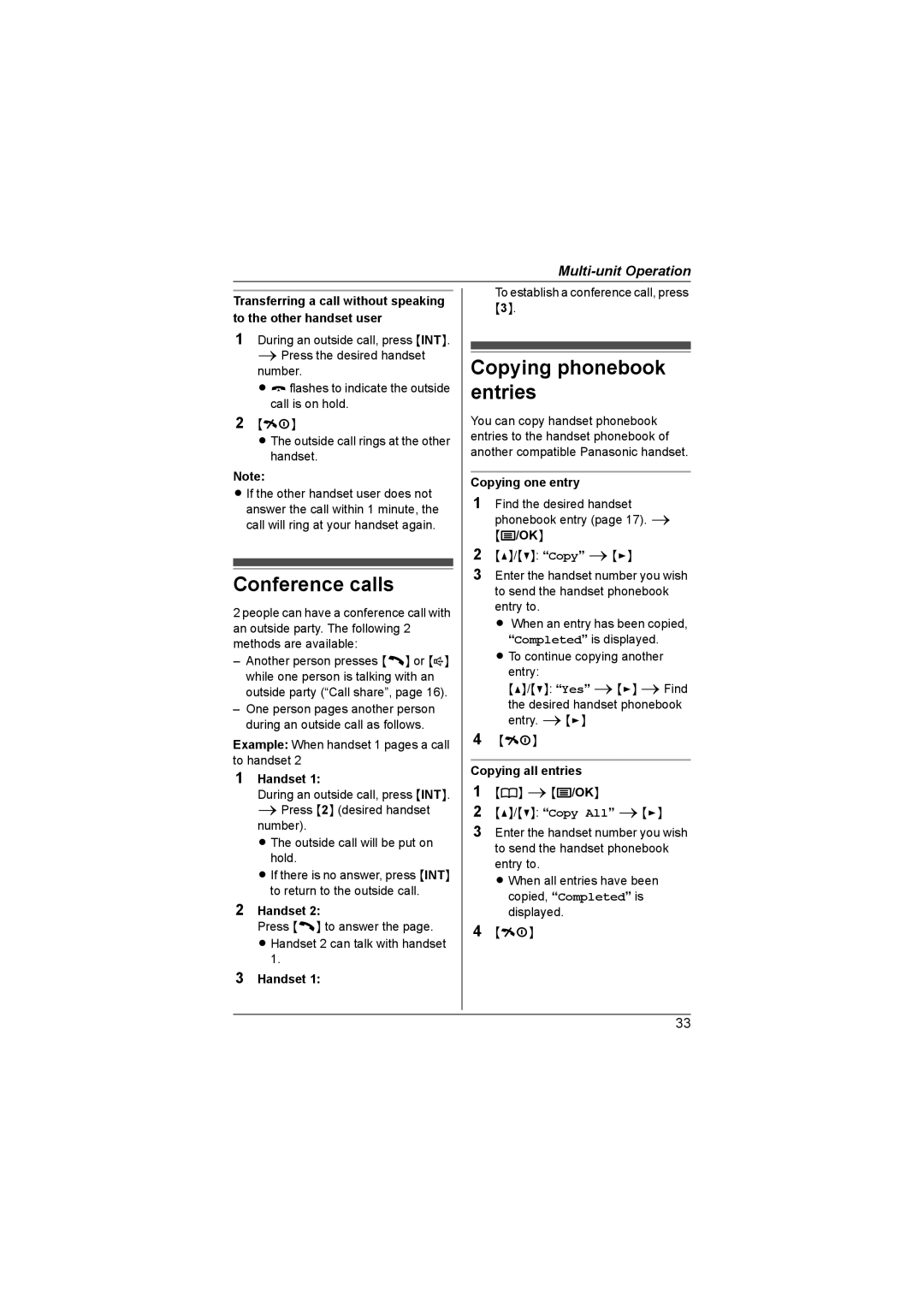 Panasonic KX-TG1855AL, KX-TG1857AL Conference calls, Copying phonebook entries, Copying one entry, Copying all entries 