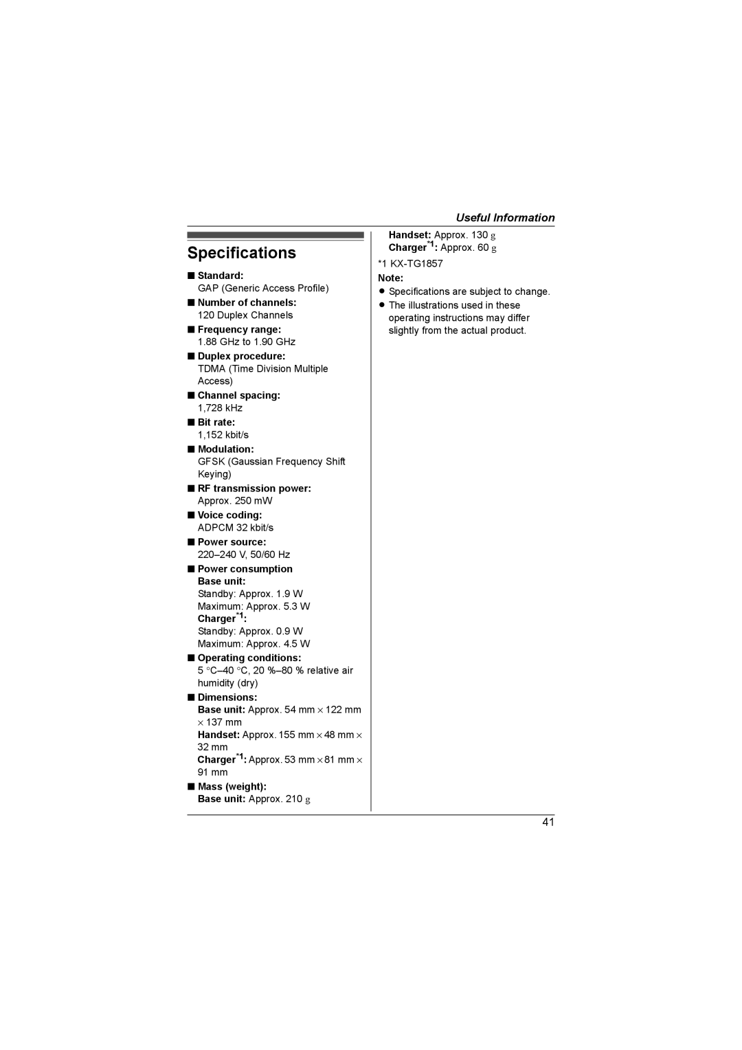 Panasonic KX-TG1857AL, KX-TG1855AL operating instructions Specifications 