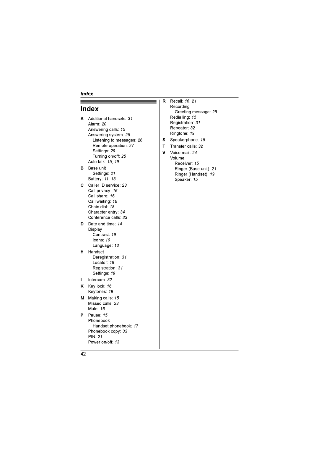 Panasonic KX-TG1855AL, KX-TG1857AL operating instructions Index 