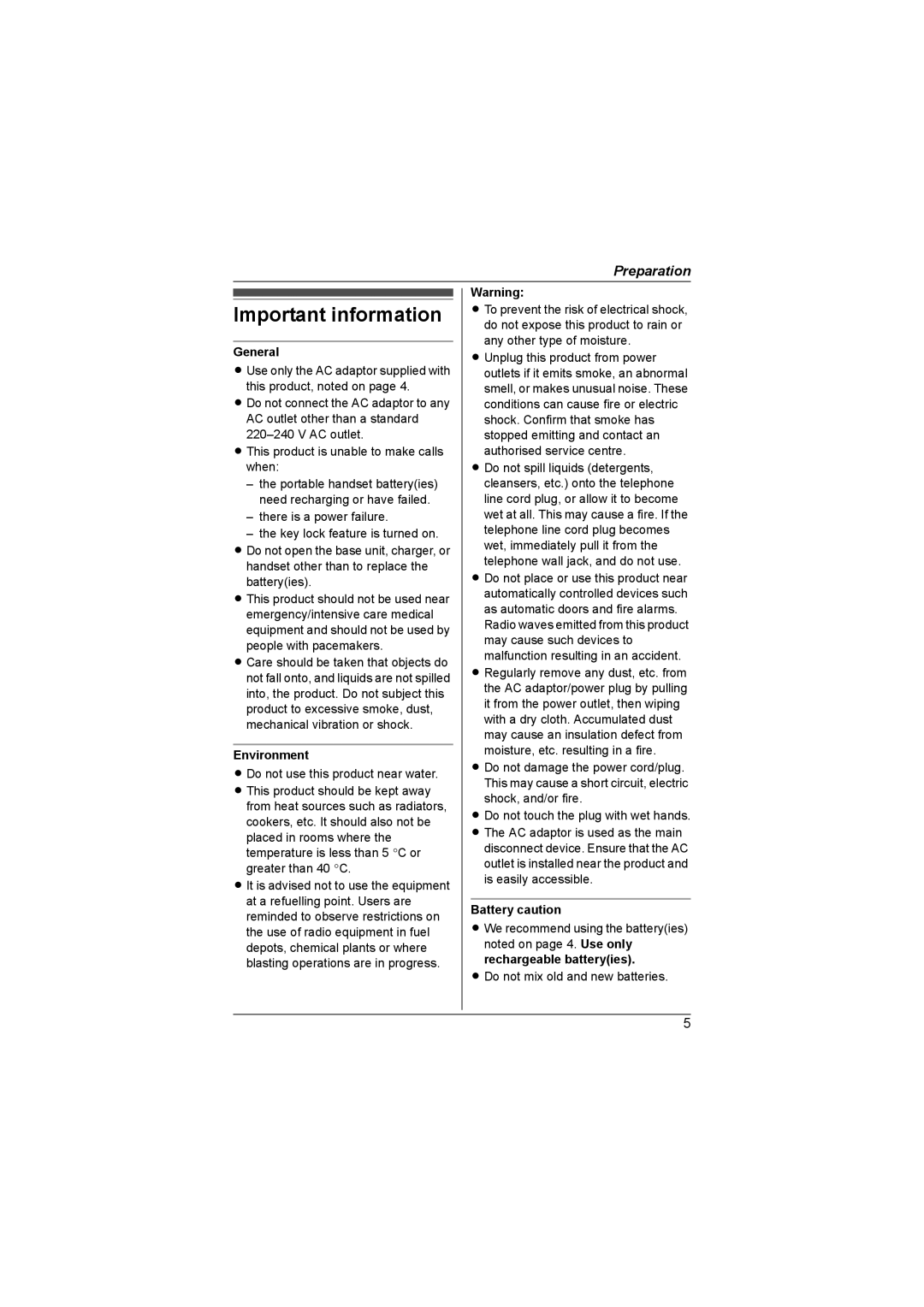 Panasonic KX-TG1857AL, KX-TG1855AL operating instructions Important information, General, Environment, Battery caution 