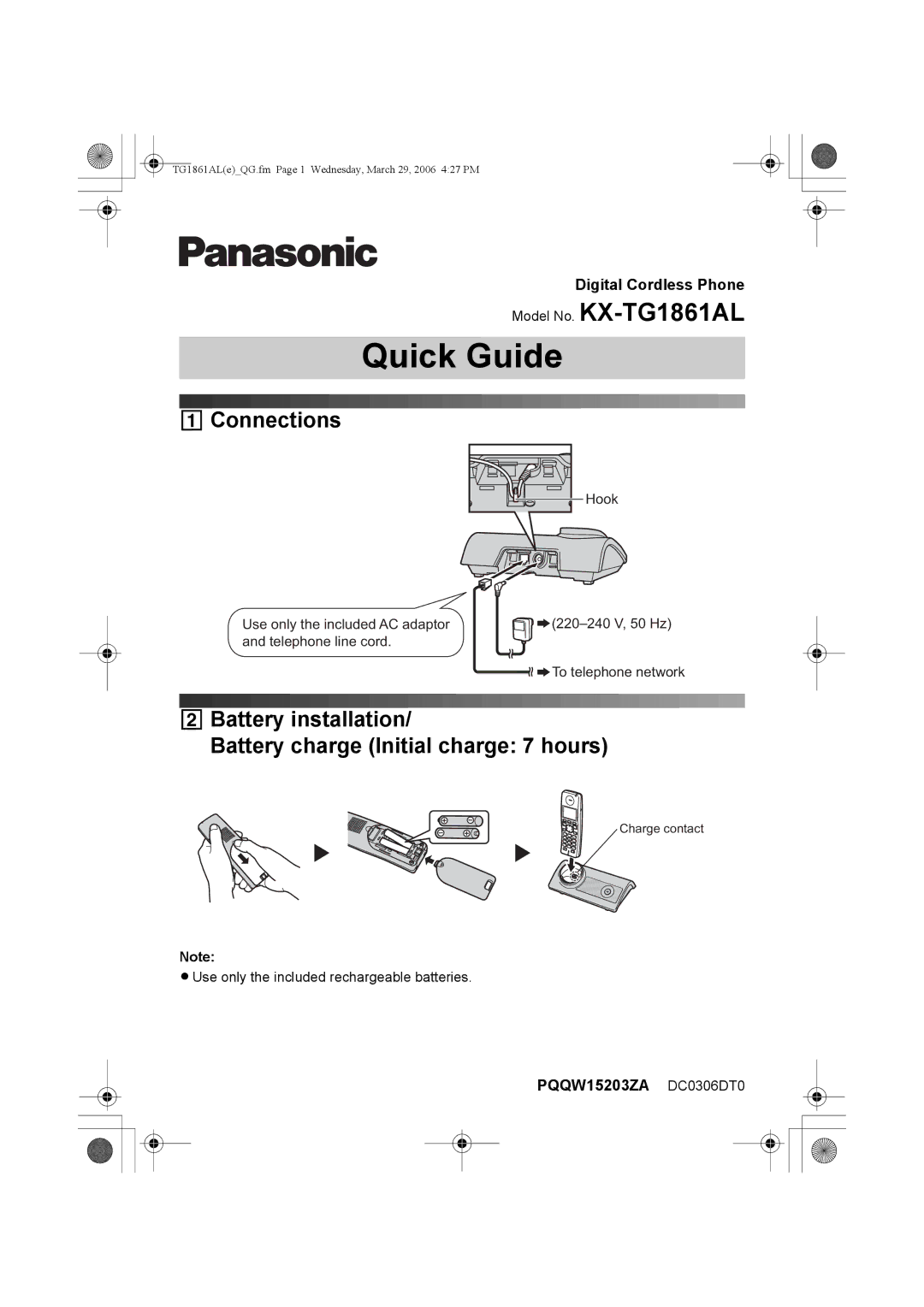 Panasonic KX-TG1861AL manual Connections, 2Battery installation Battery charge Initial charge 7 hours 