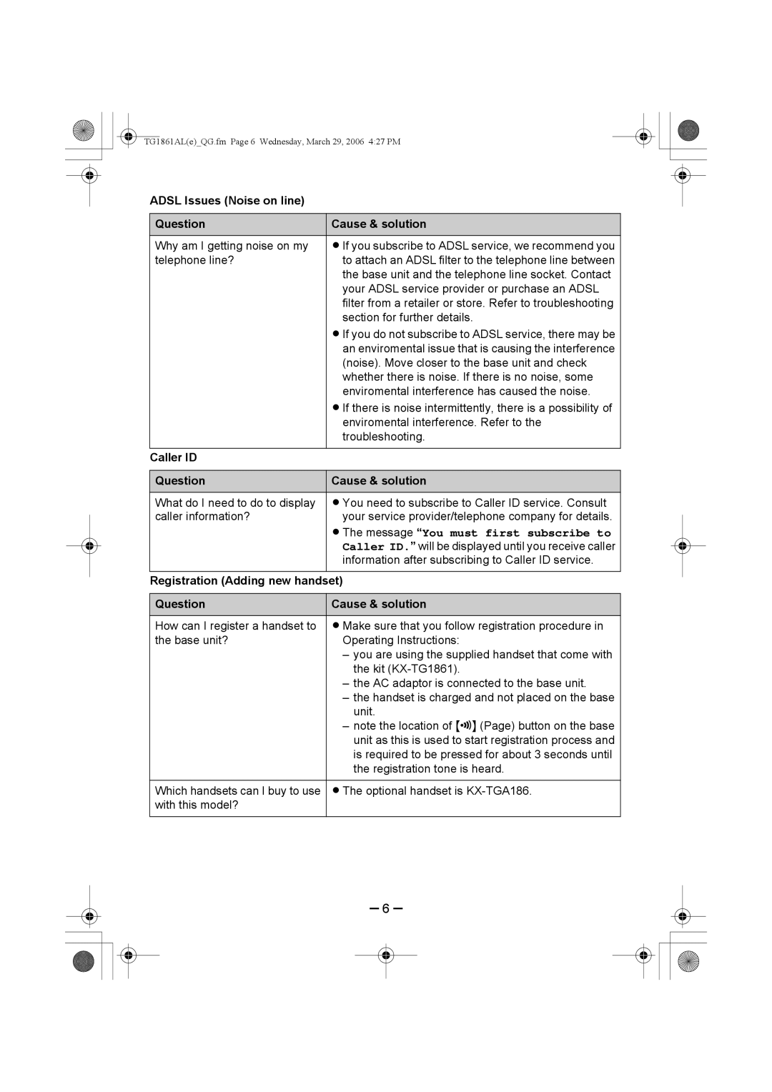 Panasonic KX-TG1861AL manual Adsl Issues Noise on line Question Cause & solution, Caller ID Question Cause & solution 