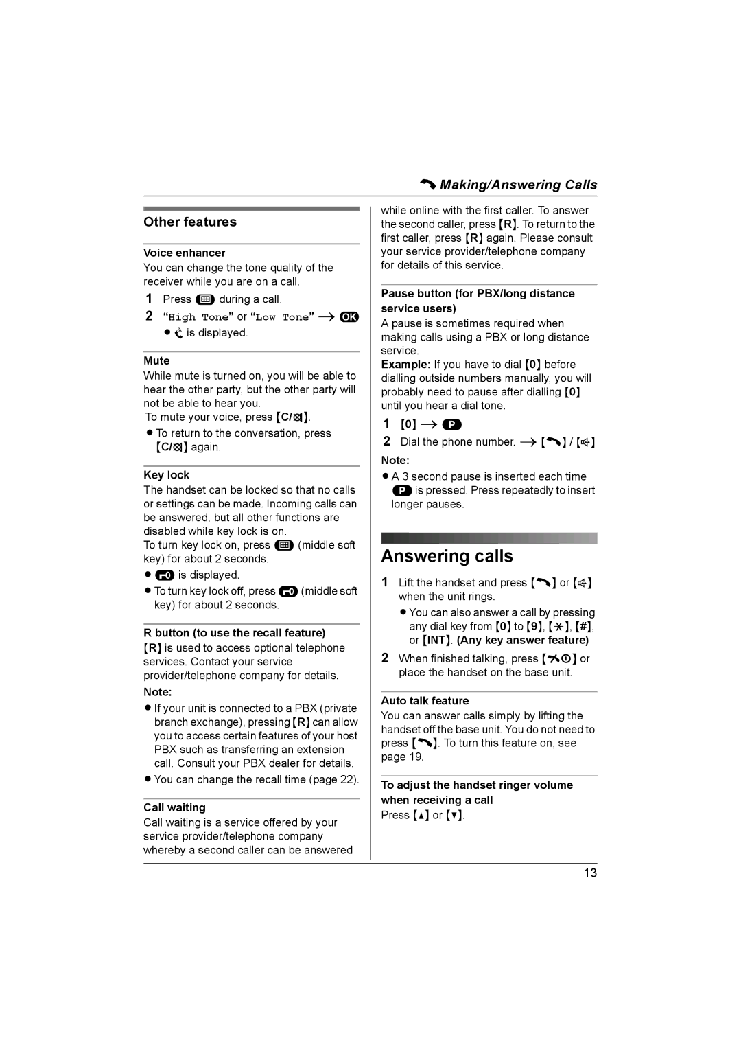 Panasonic KX-TG1861NZ operating instructions Answering calls, Other features 