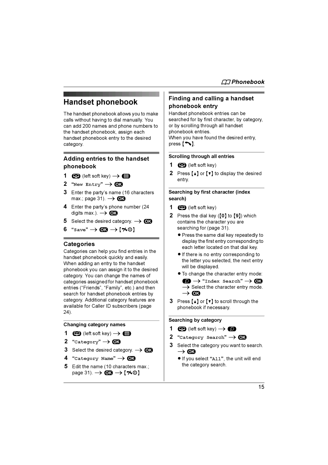 Panasonic KX-TG1861NZ operating instructions Handset phonebook, Adding entries to the handset phonebook, Categories 