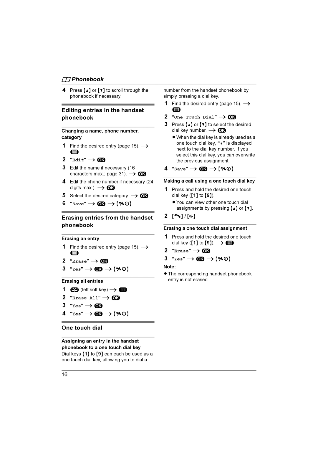 Panasonic KX-TG1861NZ Editing entries in the handset phonebook, Erasing entries from the handset phonebook, One touch dial 