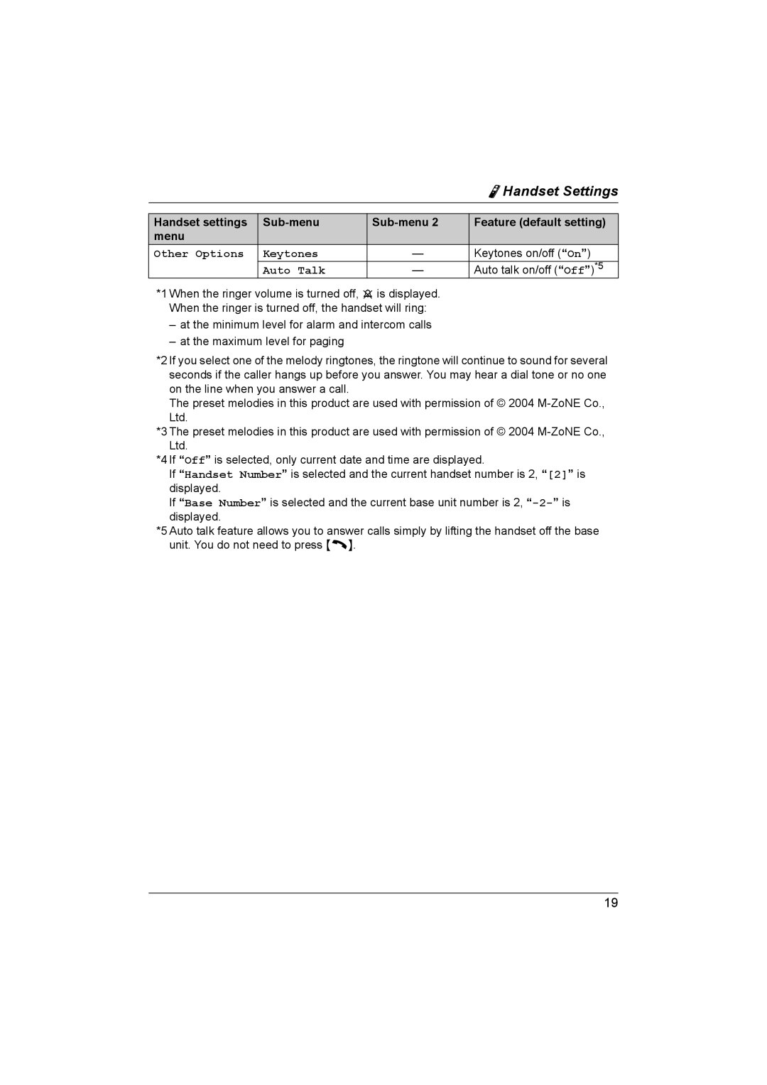 Panasonic KX-TG1861NZ operating instructions Other Options Keytones, Keytones on/off On, Auto Talk, Auto talk on/off Off*5 