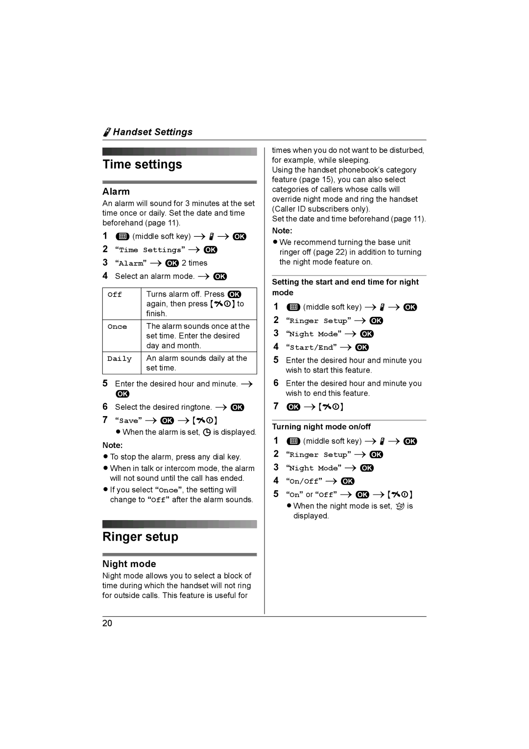 Panasonic KX-TG1861NZ operating instructions Time settings, Ringer setup, Alarm, Night mode 