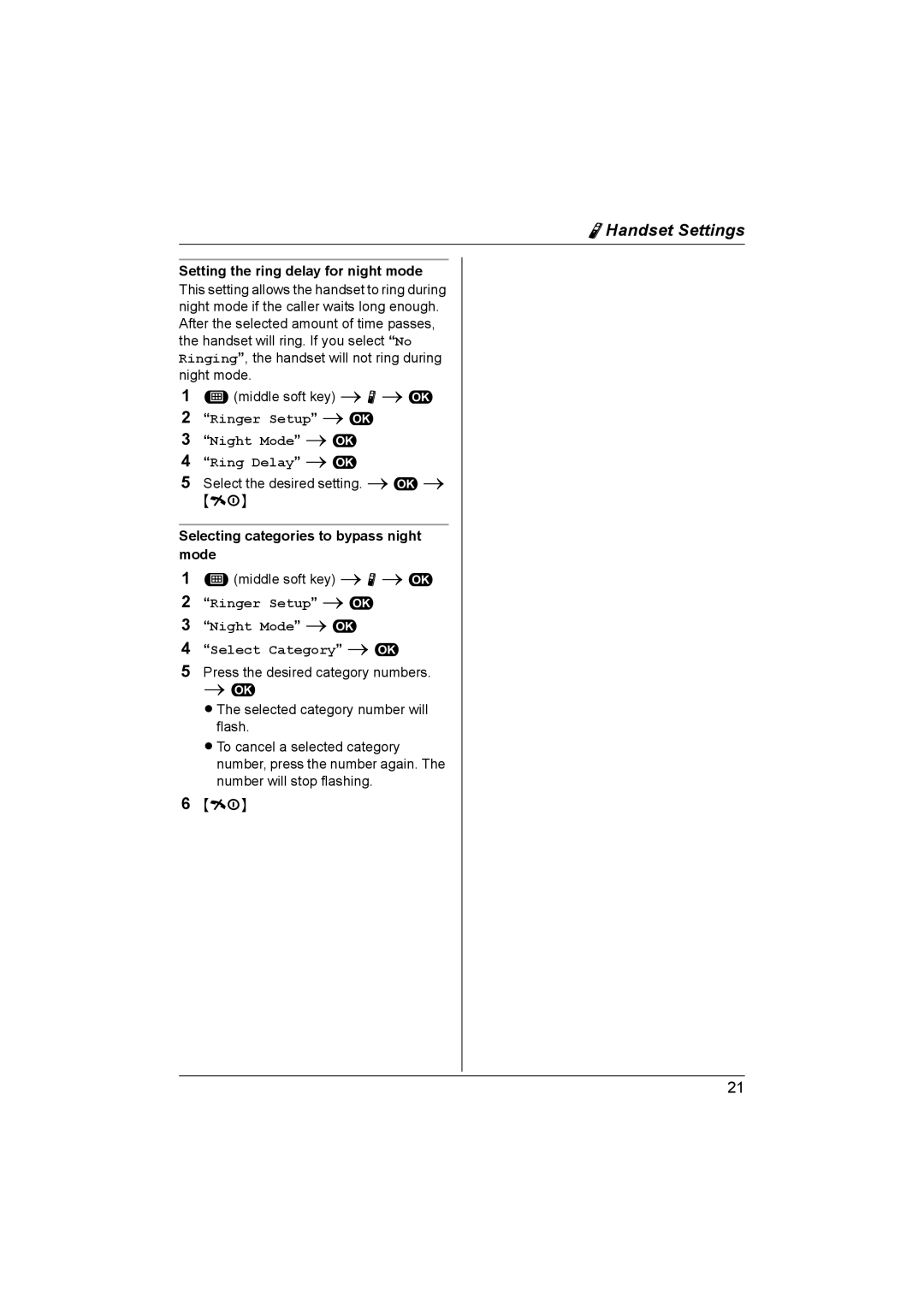 Panasonic KX-TG1861NZ Setting the ring delay for night mode, Ringer Setup i # Night Mode i # Ring Delay i # 