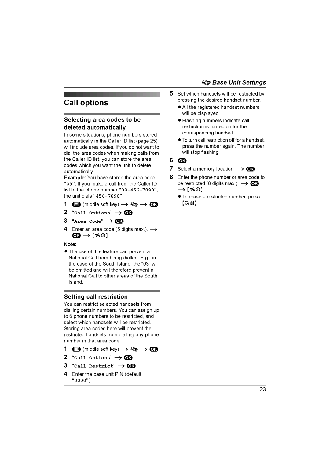 Panasonic KX-TG1861NZ Call options, Selecting area codes to be deleted automatically, Setting call restriction 