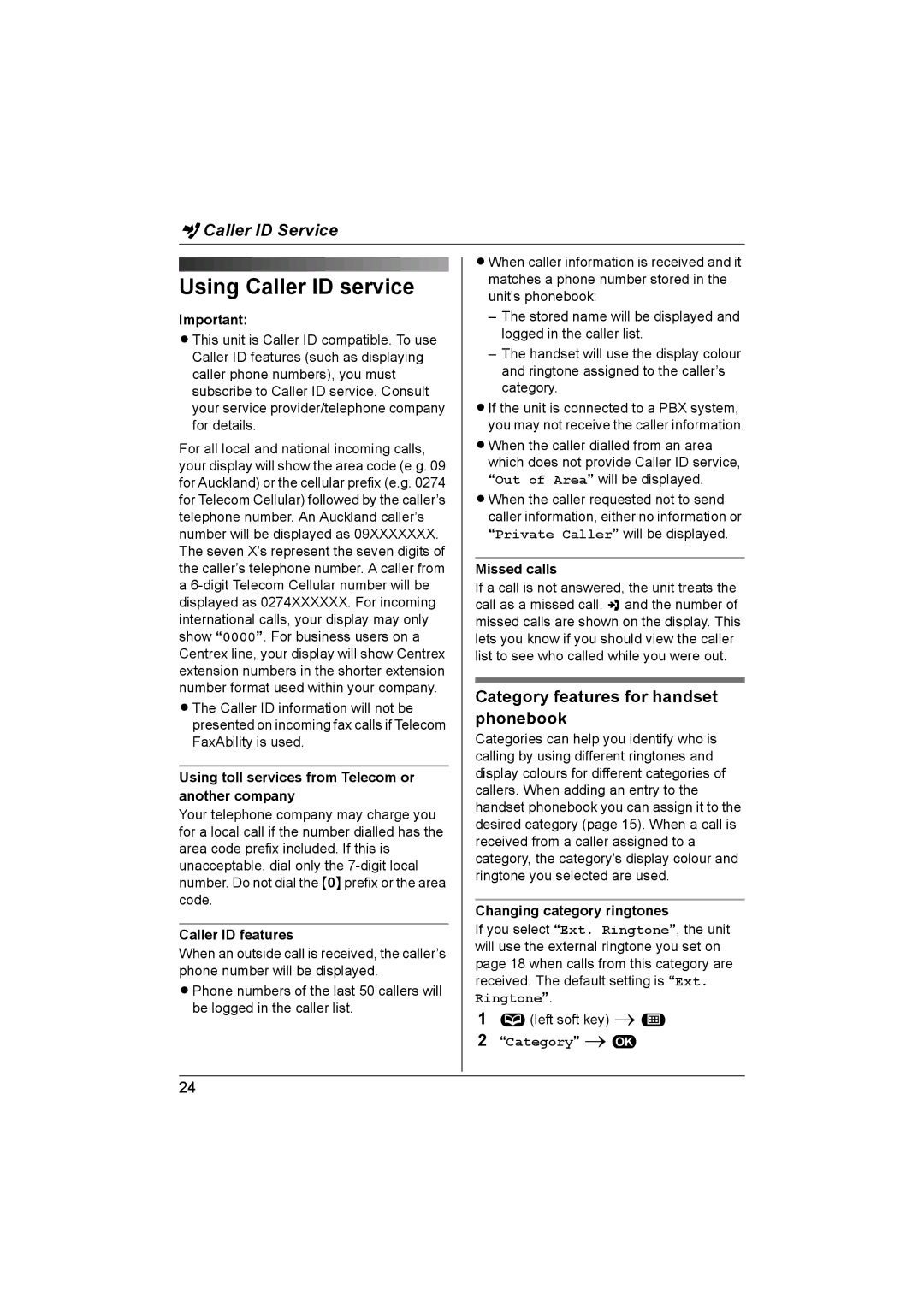 Panasonic KX-TG1861NZ operating instructions Using Caller ID service, Category features for handset phonebook 