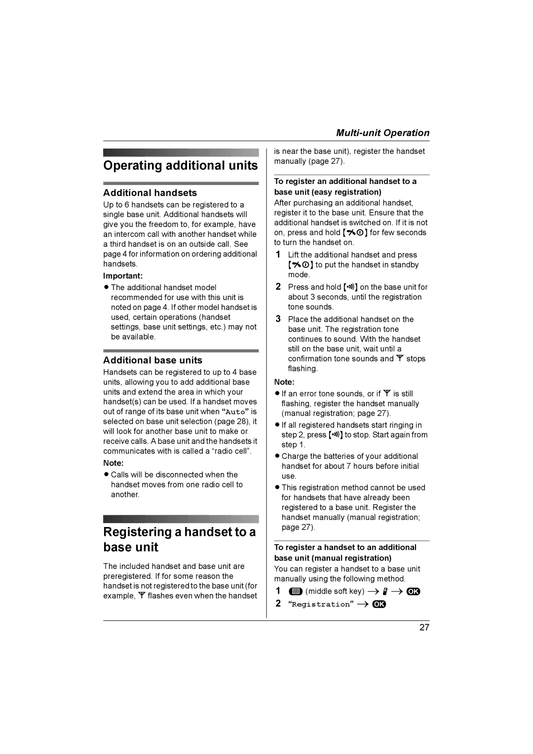 Panasonic KX-TG1861NZ Operating additional units, Registering a handset to a base unit, Additional handsets 
