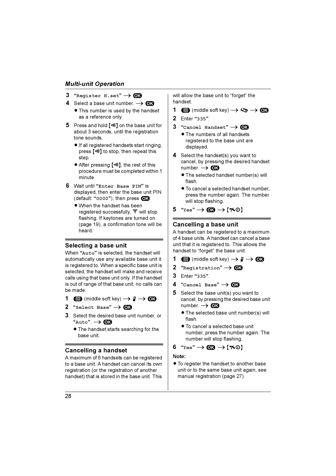 Panasonic KX-TG1861NZ operating instructions Selecting a base unit, Cancelling a handset, Cancelling a base unit 