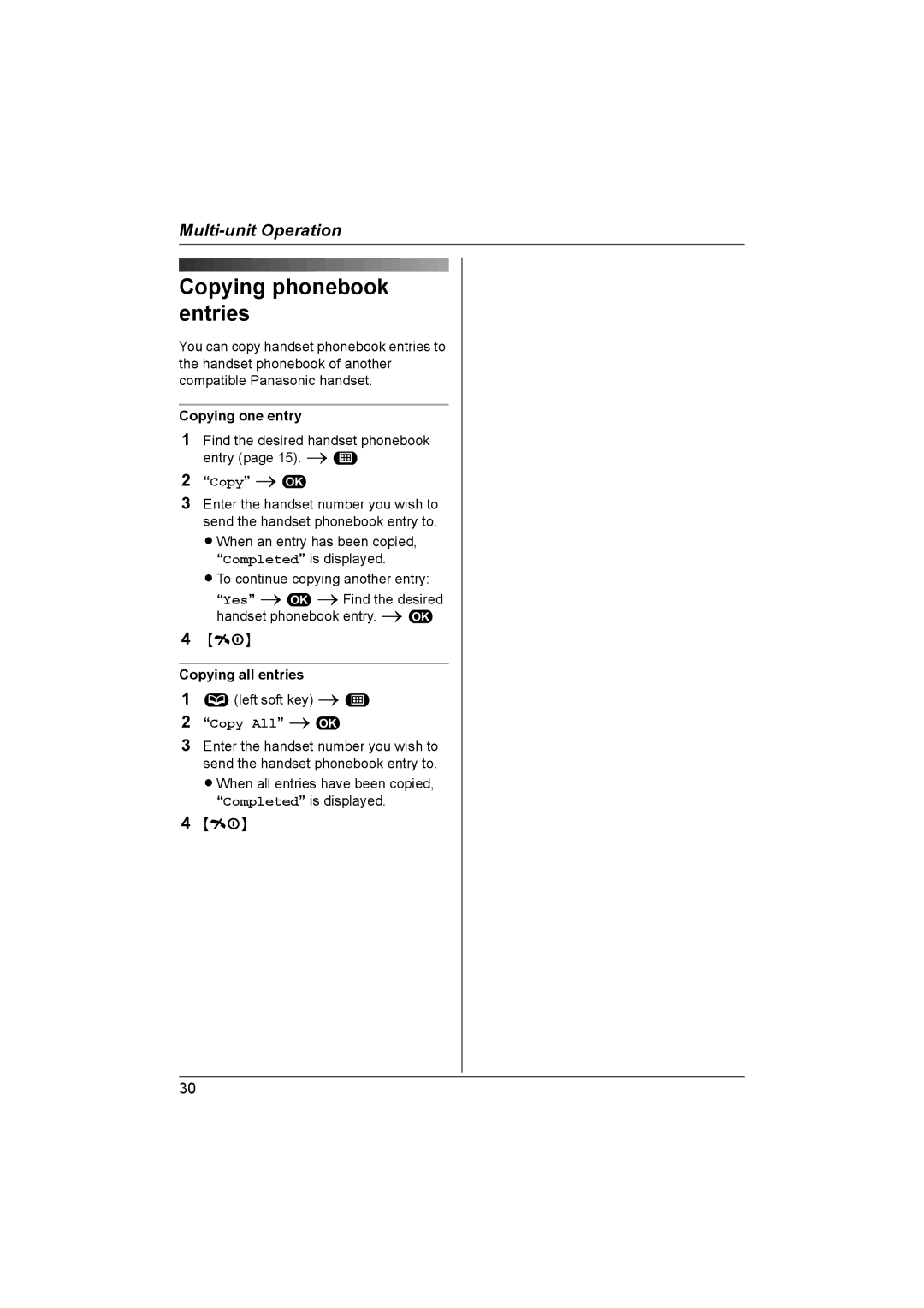 Panasonic KX-TG1861NZ Copying phonebook entries, Copying one entry, Copy i#, Copying all entries, Copy All i # 