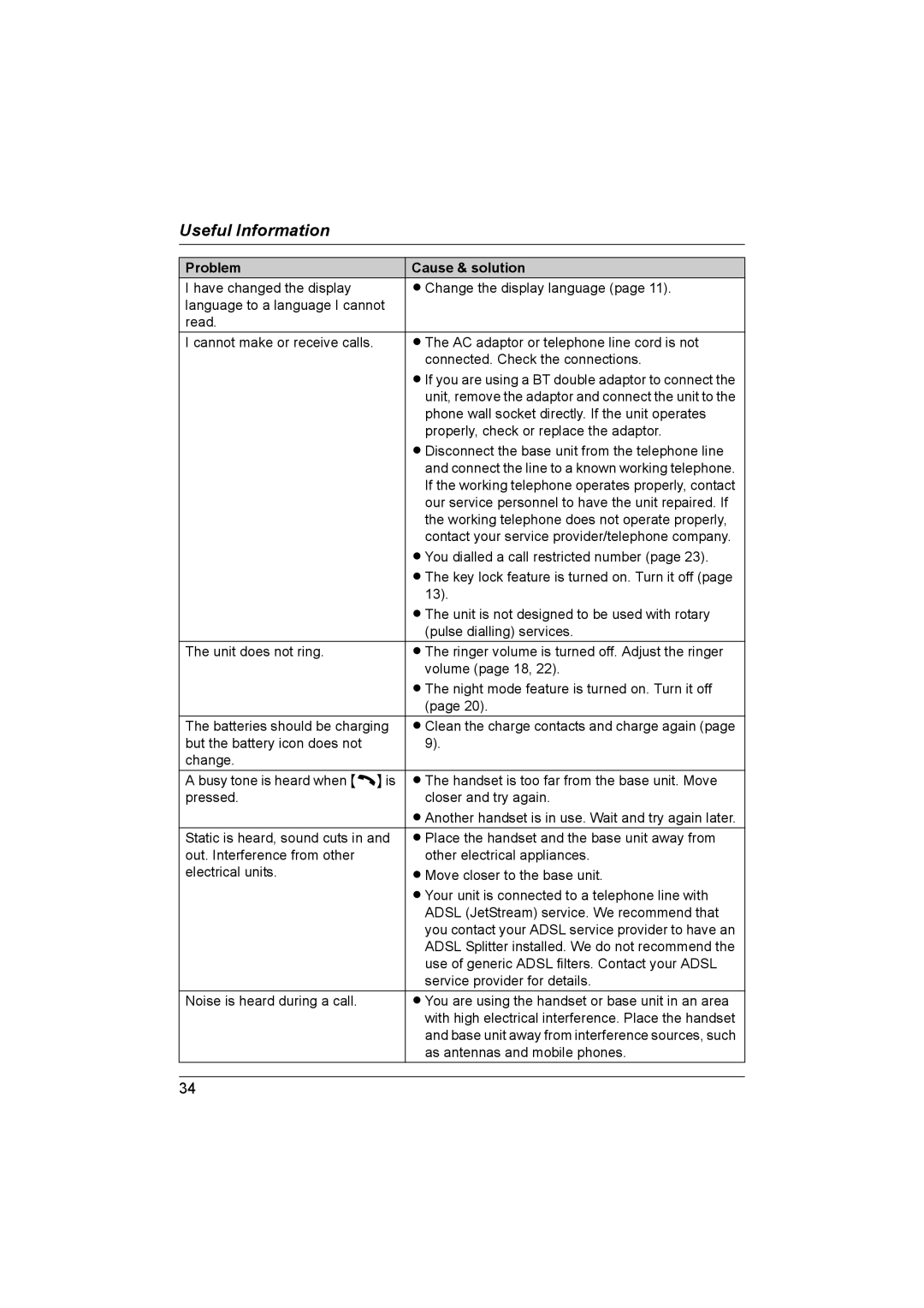 Panasonic KX-TG1861NZ operating instructions Problem Cause & solution 